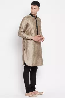 Beige plain dupion silk men-kurtas