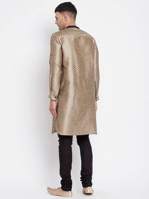 Beige plain dupion silk men-kurtas 5