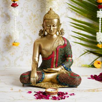 Elegant Meditating Brass Budhha Figurine with Stone Accents 1