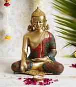 Elegant Meditating Brass Budhha Figurine with Stone Accents
