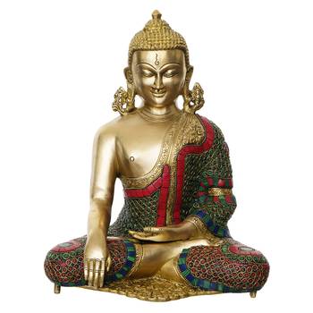 Elegant Meditating Brass Budhha Figurine with Stone Accents 3