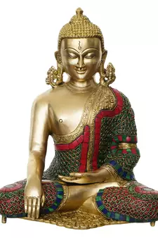 Elegant Meditating Brass Budhha Figurine with Stone Accents