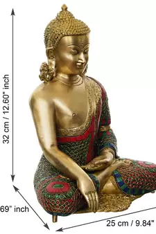 Elegant Meditating Brass Budhha Figurine with Stone Accents