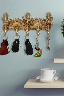 eCraftIndia Musician Lord Ganesha Handcrafted Brass Key Holder with 5 Knobs