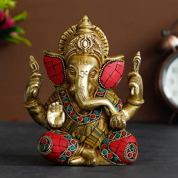 eCraftIndia Brass Lord Ganesha with Stone Work Handcrafted Idol 2