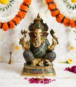 eCraftIndia Antique Look Lord Ganesha Handcrafted Premium Brass Idol with Colorful Stone Work