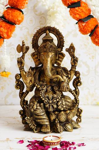 eCraftIndia Blessing Lord Ganesha Antique Finish Handcrafted Brass Idol