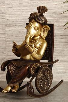 eCraftIndia Lord Ganesha Reading Book and Sitting on Rocking Chair Antique Look Handcrafted Premium Brass Figurine