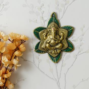 eCraftIndia Golden Lord Ganesha on Green Leaf Handcrafted Metal Wall Hanging 1