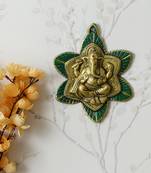 eCraftIndia Golden Lord Ganesha on Green Leaf Handcrafted Metal Wall Hanging
