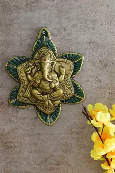 eCraftIndia Golden Lord Ganesha on Green Leaf Handcrafted Metal Wall Hanging
