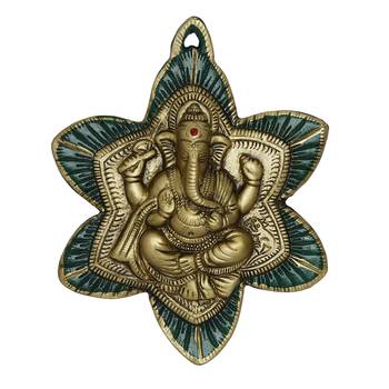 eCraftIndia Golden Lord Ganesha on Green Leaf Handcrafted Metal Wall Hanging 3