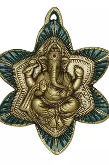 eCraftIndia Golden Lord Ganesha on Green Leaf Handcrafted Metal Wall Hanging