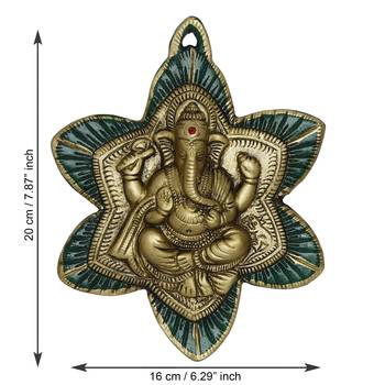 eCraftIndia Golden Lord Ganesha on Green Leaf Handcrafted Metal Wall Hanging 4