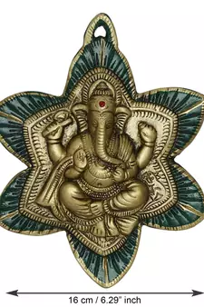 eCraftIndia Golden Lord Ganesha on Green Leaf Handcrafted Metal Wall Hanging