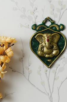 eCraftIndia Golden Lord Ganesha on Green Leaf Handcrafted Metal Wall Hanging