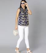 Crispy blue floral print smocked women top