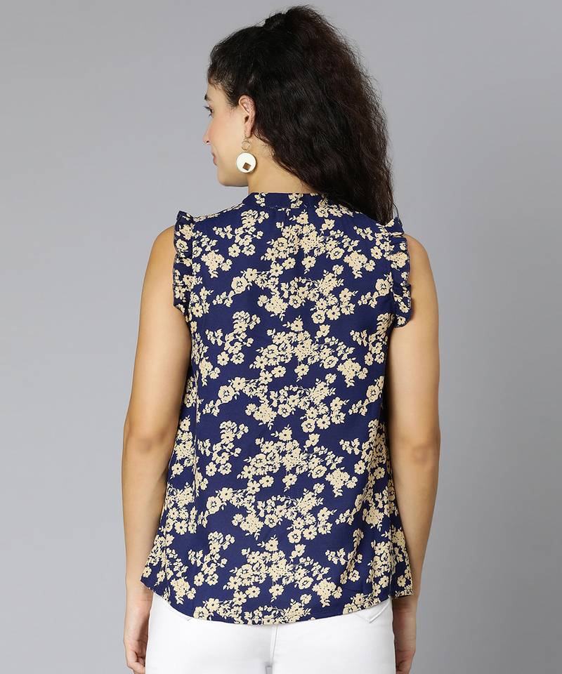 Crispy blue floral print smocked women top