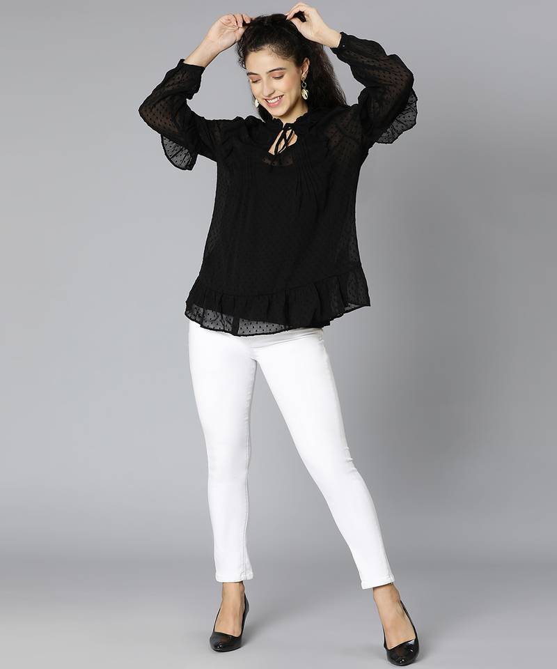 Mega black ruffled women partywear top