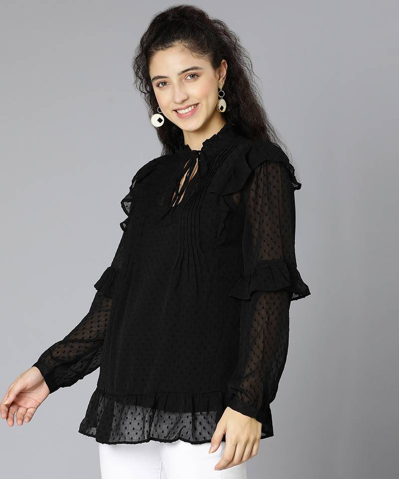Mega black ruffled women partywear top