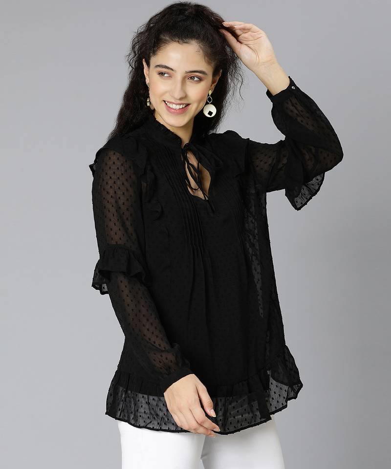 Mega black ruffled women partywear top