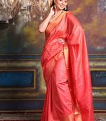 This is   Red Blended Silk soft saree with zari border from Charukriti