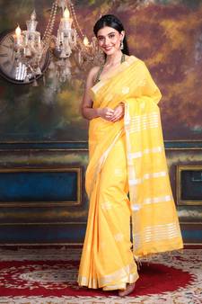This is   Yellow Blended Silk soft saree with geometric motiff from Charukriti