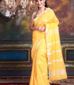 This is   Yellow Blended Silk soft saree with geometric motiff from Charukriti