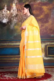 This is   Yellow Blended Silk soft saree with geometric motiff from Charukriti