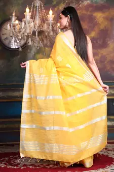 This is   Yellow Blended Silk soft saree with geometric motiff from Charukriti