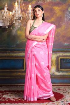 This is   Pink Blended Silk soft saree with geometric motiff from Charukriti