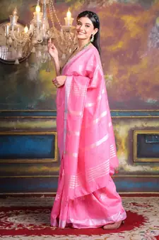 This is   Pink Blended Silk soft saree with geometric motiff from Charukriti