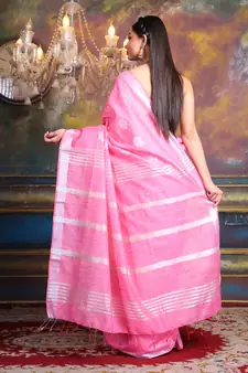 This is   Pink Blended Silk soft saree with geometric motiff from Charukriti