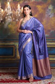 This is   Royal Blue Blended Silk soft saree with zari in aanchal from Charukriti