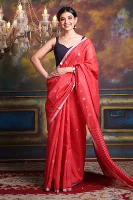This is   Rust Blended Silk soft saree with woven design from Charukriti 1