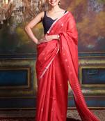 This is   Rust Blended Silk soft saree with woven design from Charukriti