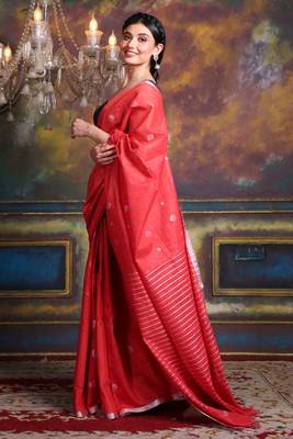 This is   Rust Blended Silk soft saree with woven design from Charukriti 2