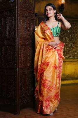 This is   Mustard Blended Silk soft tie dye saree from Charukriti 1