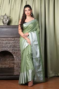 This is   Light Green Blended Silk saree with temple border from Charukriti