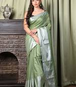 This is   Light Green Blended Silk saree with temple border from Charukriti