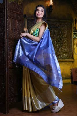 This is   Light Yellow Blended Silk saree with temple border from Charukriti 2