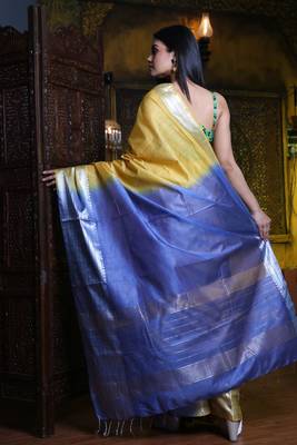 This is   Light Yellow Blended Silk saree with temple border from Charukriti 3