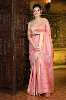 This is   Blush Red Blended Silk soft saree with strips from Charukriti