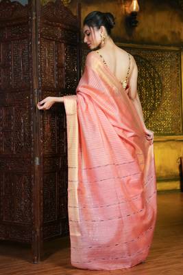 This is   Blush Red Blended Silk soft saree with strips from Charukriti 3