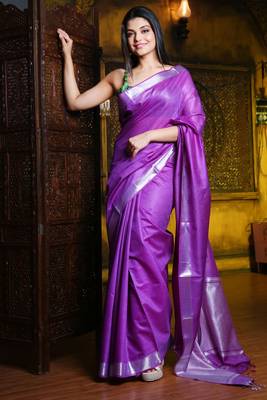 This is   Purple Blended Silk saree with temple border from Charukriti 1