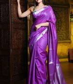 This is   Purple Blended Silk saree with temple border from Charukriti