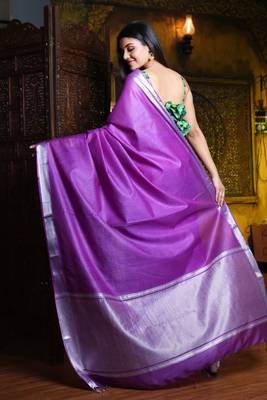 This is   Purple Blended Silk saree with temple border from Charukriti 3