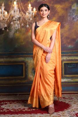 This is   Mustard Blended Silk soft saree with textured design from Charukriti 1