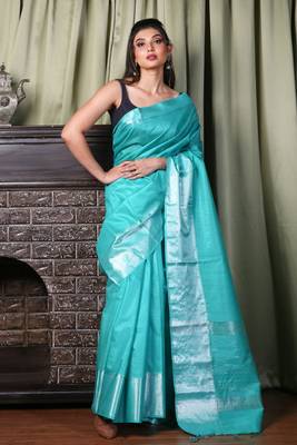 This is   Sea Green Blended Silk saree with temple border from Charukriti 1