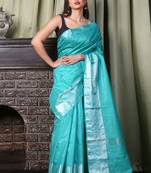 This is   Sea Green Blended Silk saree with temple border from Charukriti